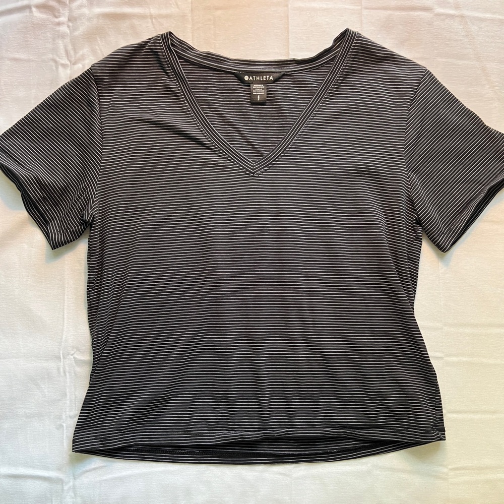 Athleta Black and White Striped V-Neck Tee Shirt Top
